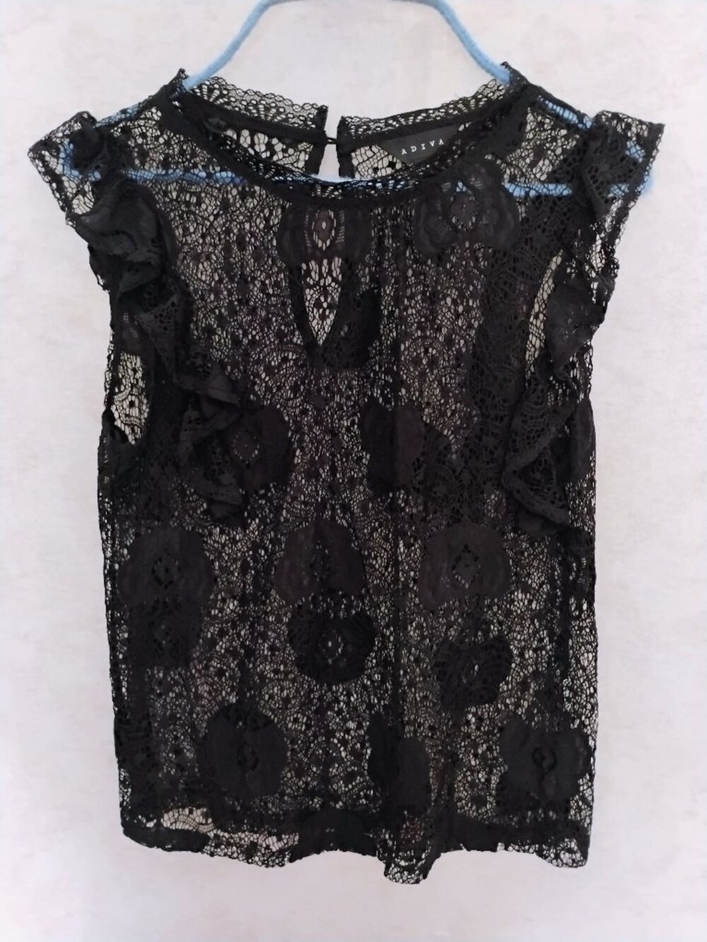 Adiva Black Floral Lace see-through Ruffle Shell Top size Small
